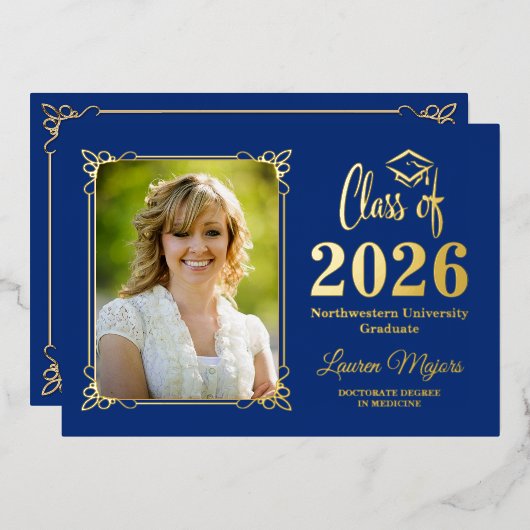 Blue Gold FOIL Class of 2026 Photo Graduation 箔招待状 (正面/裏面)