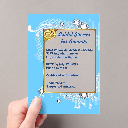 Blue & Gold Frame & Diamonds Image Bridal Shower アクリル招待状 (インサイチュ (ポータブル))