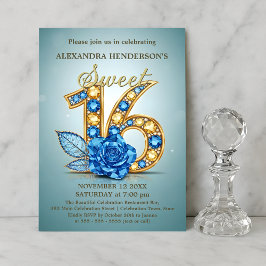  Blue Gold Gemstone Rose Jeweled Sweet Sixteen  招待状