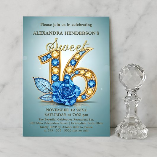  Blue Gold Gemstone Rose Jeweled Sweet Sixteen  招待状