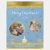 Blue Gold Glitter 2 Photo Family Keepsake フリースブランケット (正面)