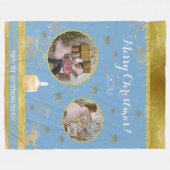 Blue Gold Glitter 2 Photo Family Keepsake フリースブランケット (正面(横))