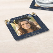 Blue Gold Glitter Balloon Graduation Party Photo  スクエアペーパーコースター (アングル)