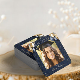 Blue Gold Glitter Balloon Graduation Party Photo  スクエアペーパーコースター