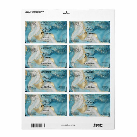 Blue Gold Glitter Cosmetics Dropper Bottle Label ラベル (フルシート)