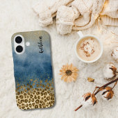 Blue Gold Glitter Leopard Print Monogram Name Case-Mate iPhoneケース
