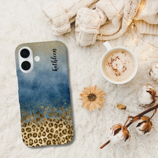 Blue Gold Glitter Leopard Print Monogram Name Case-Mate iPhoneケース