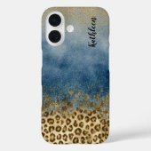 Blue Gold Glitter Leopard Print Monogram Name Case-Mate iPhoneケース (裏面)
