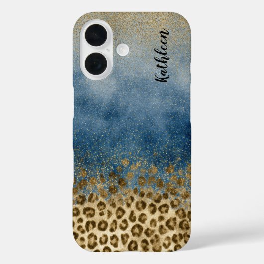 Blue Gold Glitter Leopard Print Monogram Name Case-Mate iPhoneケース (裏面)