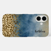 Blue Gold Glitter Leopard Print Monogram Name Case-Mate iPhoneケース (裏面 (横))