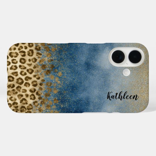 Blue Gold Glitter Leopard Print Monogram Name Case-Mate iPhoneケース (裏面 (横))