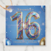 Blue Gold Glitter Sweet 16 Birthday Thank You フェイバータグ (正面)