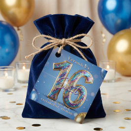 Blue Gold Glitter Sweet 16 Birthday Thank You フェイバータグ