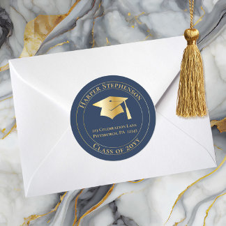 Blue Gold Graduation Cap Class of 2026 Return Add ラウンドシール