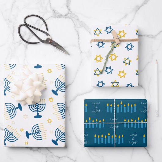 Blue & Gold Hanukkah Menorah Star of David Pattern ラッピングペーパーシート (正面)