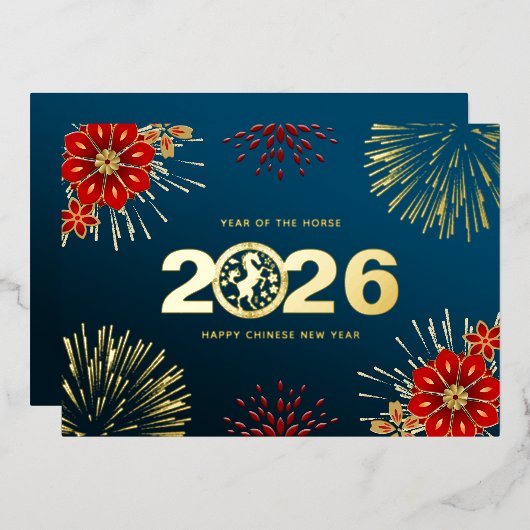 Blue Gold Happy Chinese New Year of the Horse 箔シーズンカード (正面/裏面)