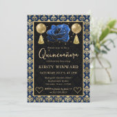 Blue & Gold Heart Damask & Rose Quinceanera 招待状 (スタンド正面)