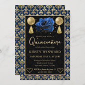 Blue & Gold Heart Damask & Rose Quinceanera 招待状 (正面/裏面)