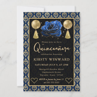 Blue & Gold Heart Damask & Rose Quinceanera 招待状