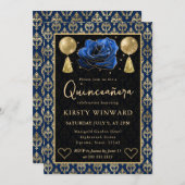 Blue & Gold Heart Damask & Rose Quinceanera 招待状 (正面/裏面)