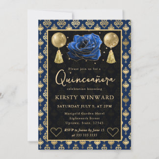 Blue & Gold Heart Damask & Rose Quinceanera 招待状