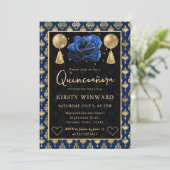 Blue & Gold Heart Damask & Rose Quinceanera 招待状 (スタンド正面)