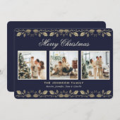 Blue Gold Holly Berries 3 Photo Christmas Card シーズンカード (正面/裏面)