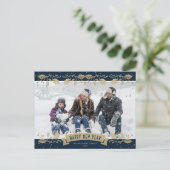 Blue Gold Holly Berries Photo Happy New Year シーズンポストカード (スタンド正面)