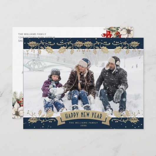 Blue Gold Holly Berries Photo Happy New Year シーズンポストカード (正面/裏面)