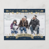 Blue Gold Holly Berries Photo Happy New Year シーズンポストカード (正面)