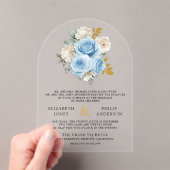 Blue Gold Ivory Floral Roses Wedding アクリル招待状 (インサイチュ (ポータブル))