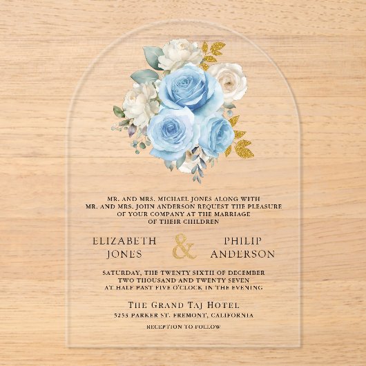 Blue Gold Ivory Floral Roses Wedding アクリル招待状 (正面)