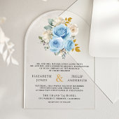 Blue Gold Ivory Floral Roses Wedding アクリル招待状