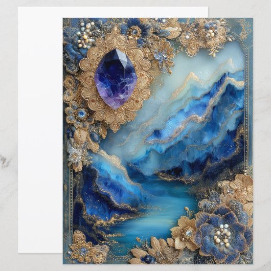 Blue Gold Landscape Junk Journal Scrapbook Paper (正面/裏面)