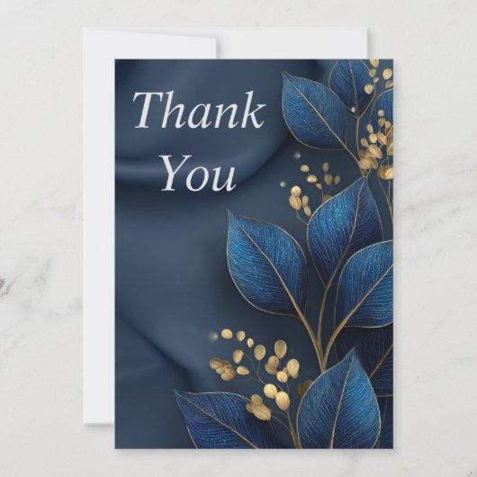 Blue & Gold Leaves on Navy Blue Thank You Card 招待状 (正面)