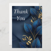 Blue & Gold Leaves on Navy Blue Thank You Card 招待状 (正面/裏面)