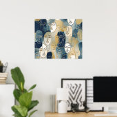 Blue Gold Line Art Faces Seamless Pattern ポスター (ホームオフィス)