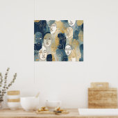 Blue Gold Line Art Faces Seamless Pattern ポスター (キッチン)