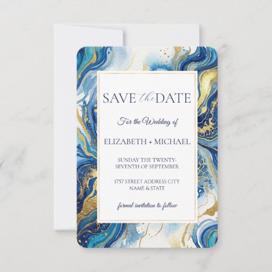 Blue Gold Marble  Elegant Wedding Save the Date セーブザデート (正面)
