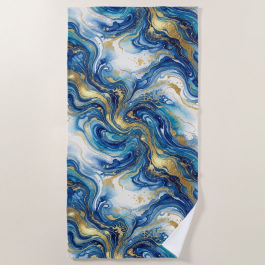 Blue Gold Marble Luxury Decor Fluid Art Pattern ビーチタオル (正面)
