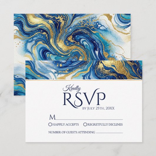 Blue Gold Marble RSVP Elegant Wedding Response (正面/裏面)