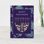 Blue gold Menorah flowers Hanukkah greeting シーズンカード<br><div class="desc">Happy Chanuka greeting card with a blue gold menorah and flower pattern.  Customize by editing the greeting on the front of the card.and the message on the inside of the card.</div>