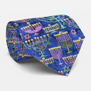 Blue Gold Menorah Star of David Hanukkah Pattern ネクタイ