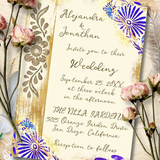 Blue & Gold Mexican Otomi Baroque Elegant Wedding 招待状