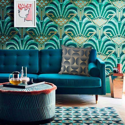 Blue & Gold Modern Alternating Fan Design クッション