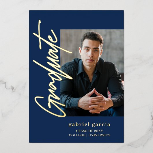 Blue Gold Modern Graduation Invitation 箔招待状 (正面)