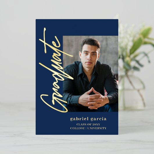 Blue Gold Modern Graduation Invitation 箔招待状 (立ち正面)