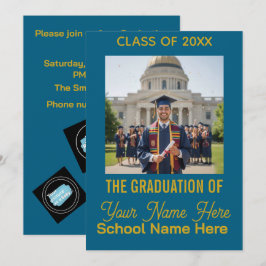 Blue Gold Modern Photo Class Graduation Invitation シーズンカード