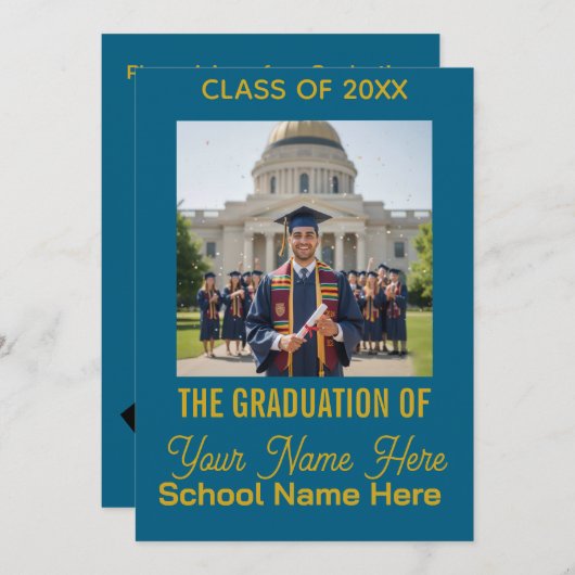 Blue Gold Modern Photo Class Graduation Invitation シーズンカード (正面/裏面)