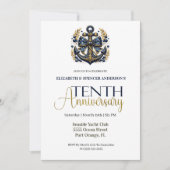 Blue Gold Nautical Anchor 10th Wedding Anniversary 招待状 (正面)